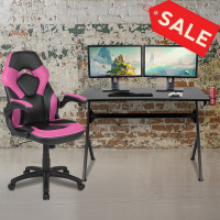 Flash Furniture BLN-X10D1904-PK-GG Black Gaming Desk and Pink/Black Racing Chair Set with Cup Holder, Headphone Hook & 2 Wire Management Holes